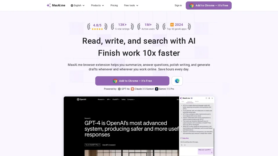 MaxAI.me: Read faster. Write better. Free AI extension.