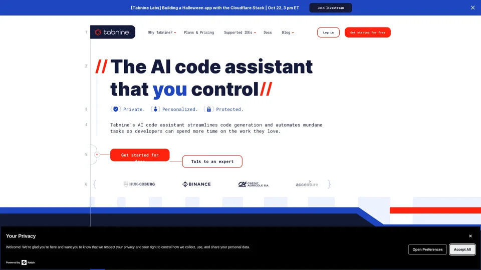 Tabnine AI code assistant | Private, personalized, protected