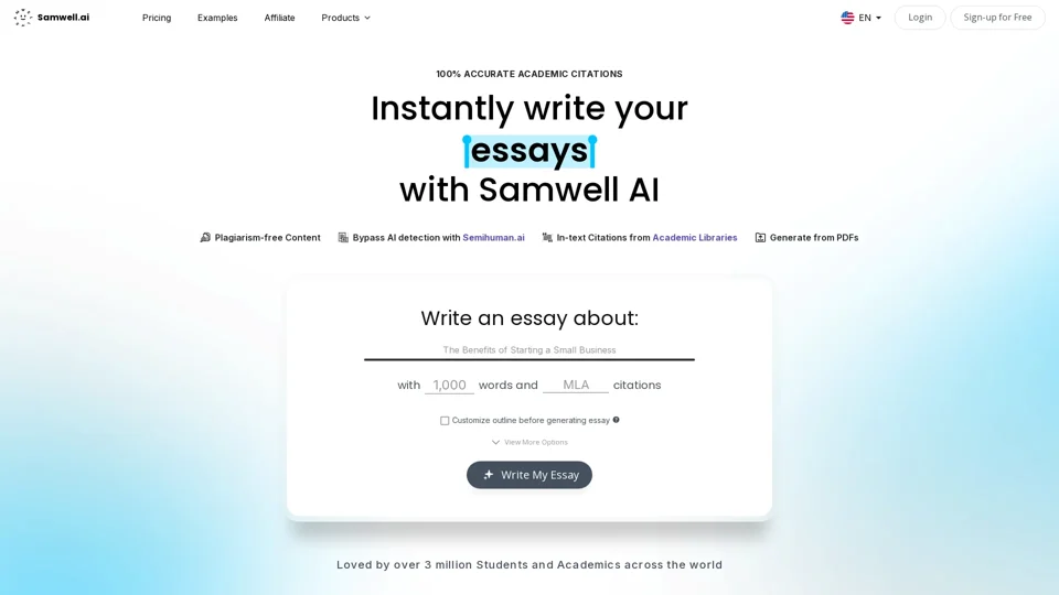 AI Writing: AI Essay Writer with Academic Citations | Samwell AI