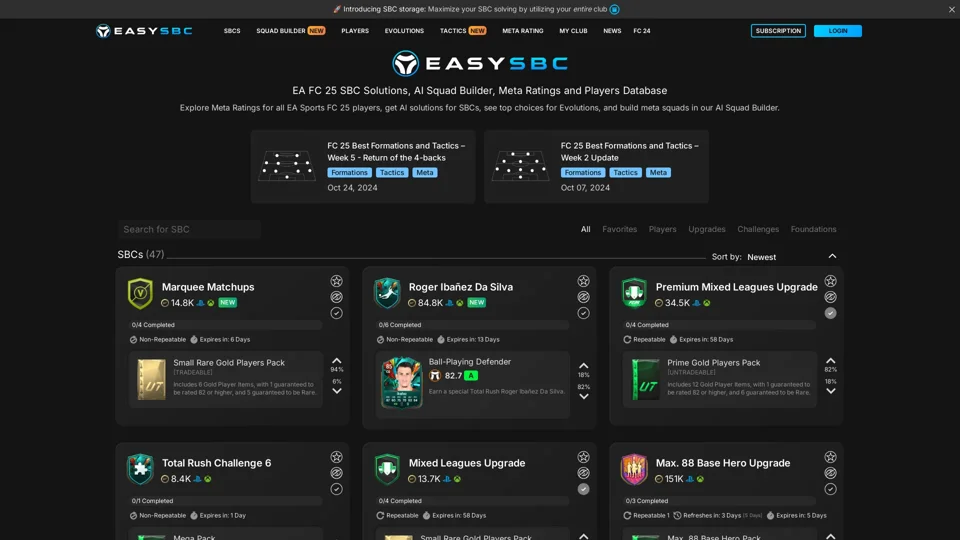 EA FC 25 SBC Solutions, AI Squad Builder, Meta Ratings and Players Database - EasySBC